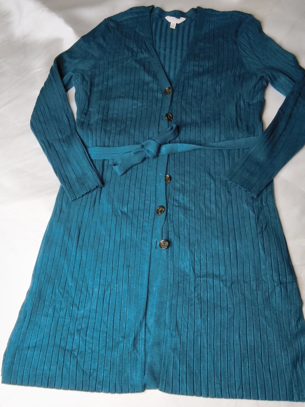Teal Ribbed Belted Long Cardigan Dress